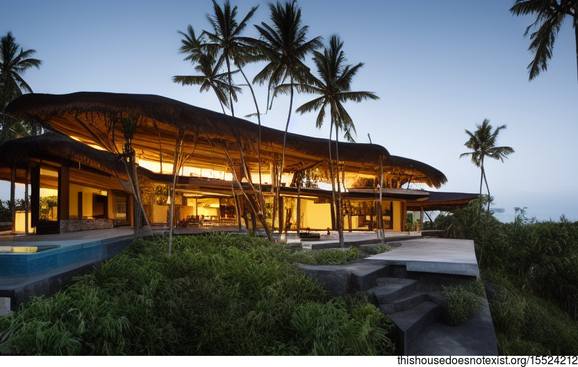 A Curved, Exposed Wood and Stone Home Designed for Enjoying Sunsets on the Beach in Bali, Indonesia