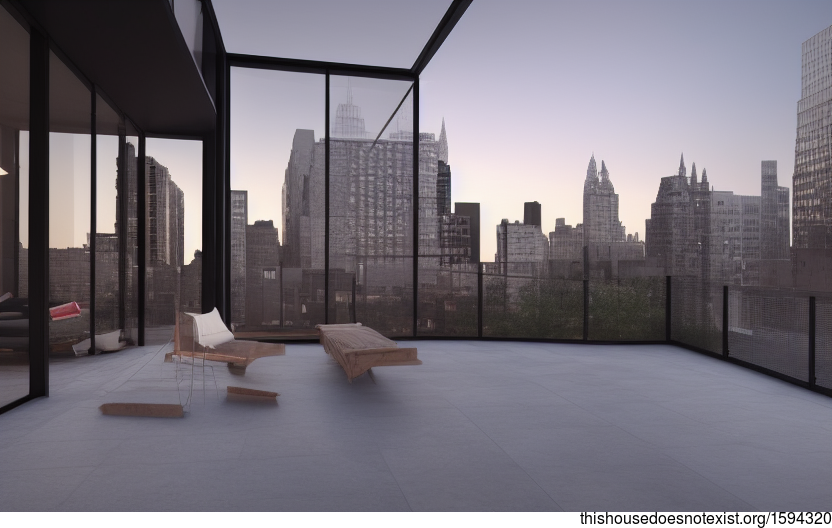 A New York City sunrise view from an architect-designed home with an exposed wood and glass exterior and rocks