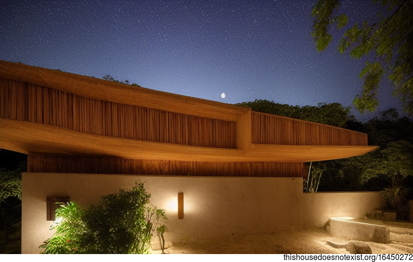 A beautiful, dreamy house in Rio de Janeiro, Brazil, designed with exposed wood, stone, and curved bamboo rocks