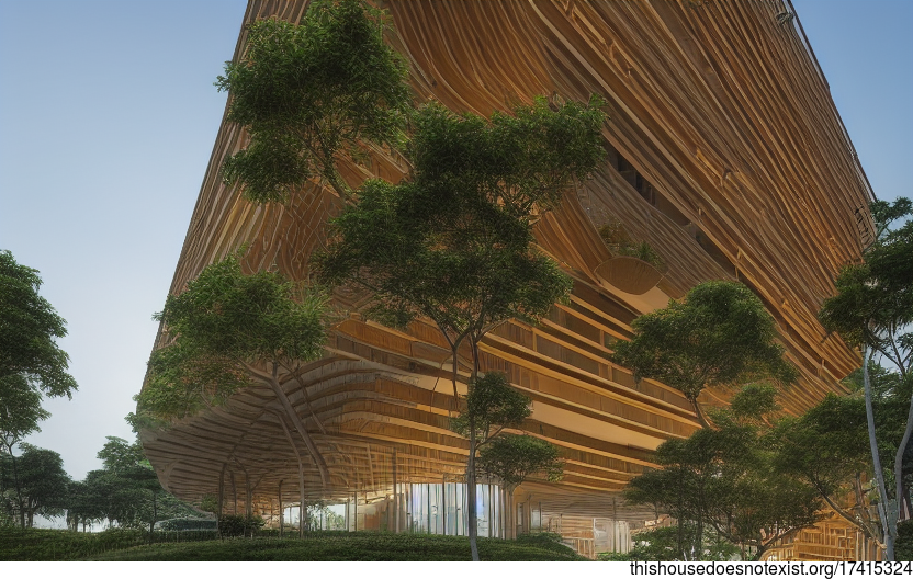 A modern Singapore office building exterior with sustainable, eco-friendly architecture and curved bamboo wood trees