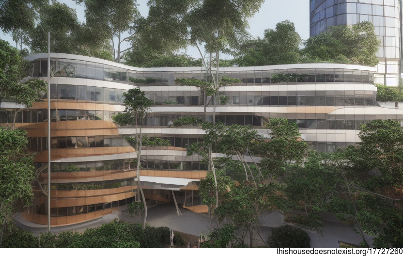 A Modern Singapore Office Building with a Curved Bamboo Wood Exterior