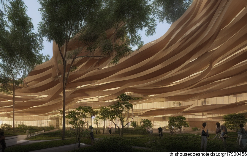 Sustainable, eco-friendly architecture in Singapore – Modern office building exterior with curved bamboo and wood trees