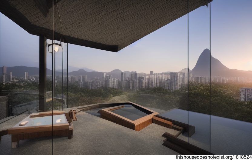A modern architecture home in Taipei, Taiwan, with a sunrise view, exposed timber, and a glass facade with steaming hot rocks outside a Jacuzzi