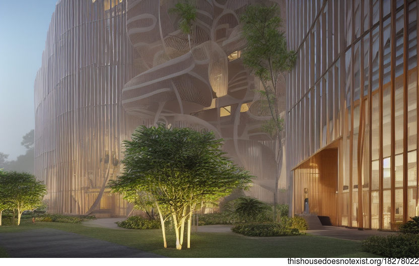 A modern, sustainable and eco-friendly office building exterior designed in Singapore with curved bamboo and wood trees