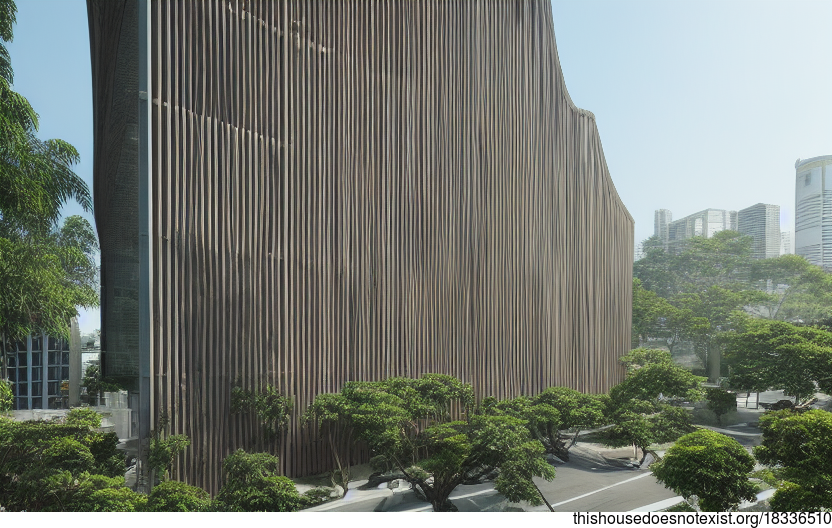 Sustainable and eco-friendly office building exterior design in Singapore with curved bamboo and wood trees