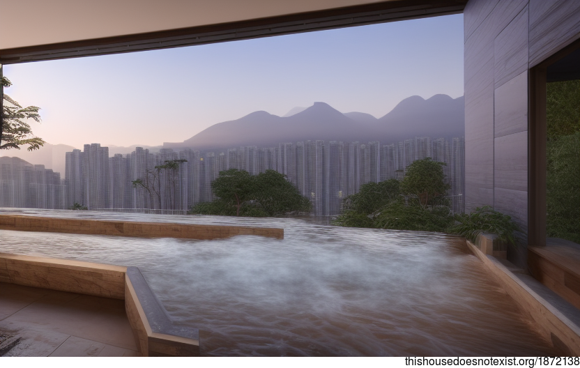 A Taipei sunrise over a hot spring, with glass and timber architecture designed to take in the view