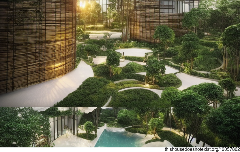 Curved bamboo and wood architecture create a sustainable, eco-friendly design