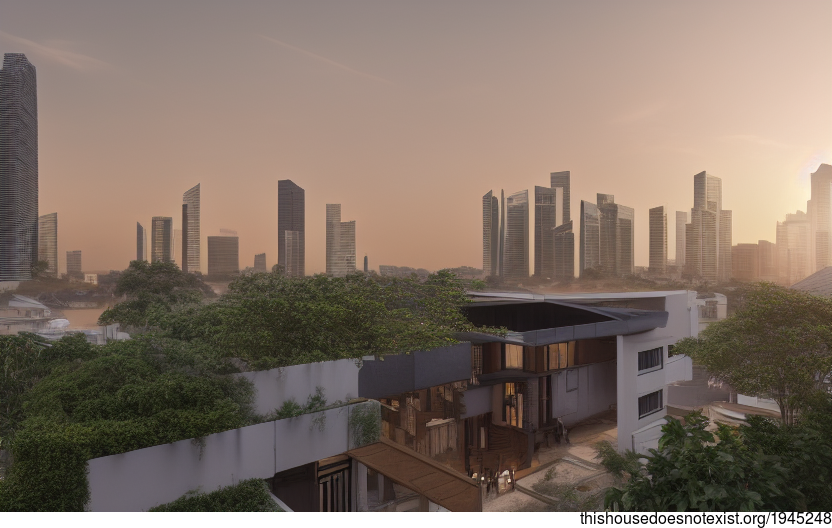 A modern architecture home in Singapore with an exposed bricks exterior and a view of the downtown skyline at sunrise