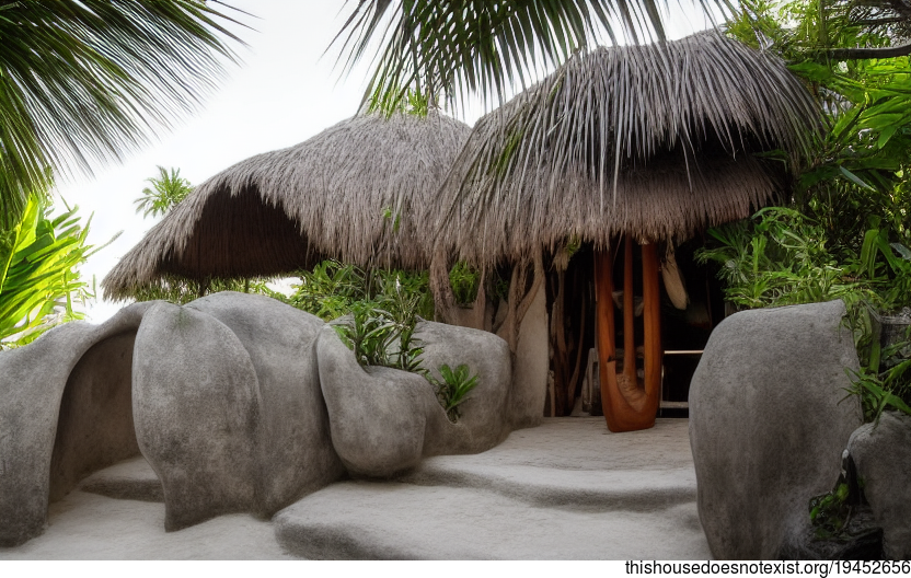 A modern home in Tulum, Mexico with an exterior design inspired by anthropomorphous forms and a sunset view of the polished cement surfaces and bamboo floors