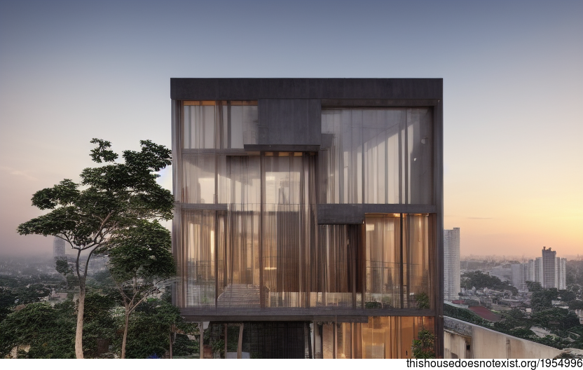 A modern architecture home in Jakarta, Indonesia with an exposed wood and glass interior and views of the sunrise from downtown