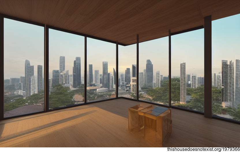 A contemporary home in Singapore with an exposed wood and glass facade, rocks and a view of the downtown skyline
