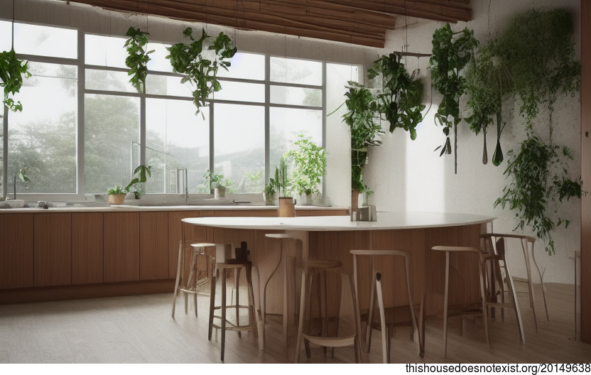A modern architecture home interior design with hanging plants, from Pinterest
