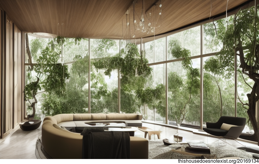 A Modern and Sustainable Living Room in Shanghai, China with Bejuca Meandering Vines and Hanging Plants