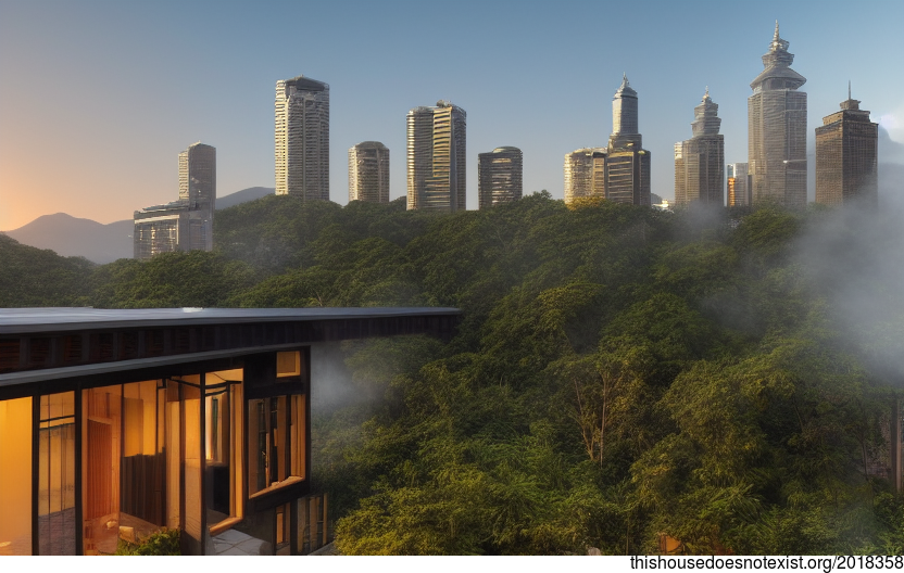 A Taipei sunrise from the exterior of a designed house with exposed timber, glass, and rocks, with steaming hot springs outside