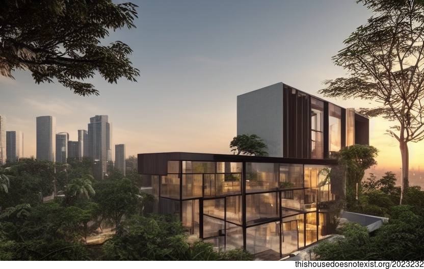 A Modern Jakarta Home With an Exposed Wood and Glass Exterior at Sunrise