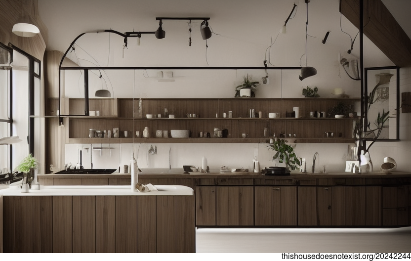 Seoul's Modern, Polished Wood and Bejuca Kitchen with Meandering Hanging Plants