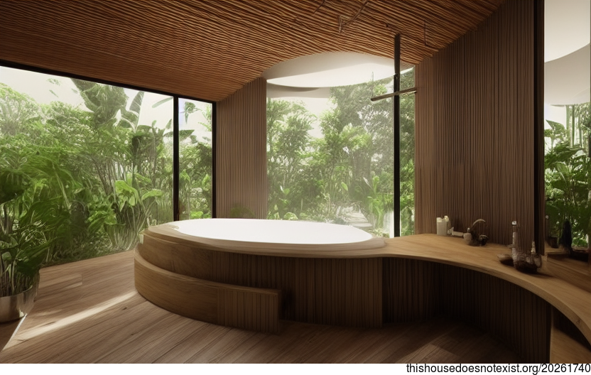 Interior design for a modern, sustainable home in Bangkok, Thailand, featuring curved bamboo wood and hanging plants