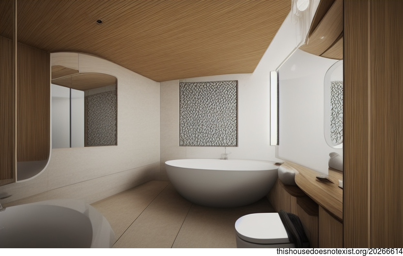 A Curved Bamboo Wood Bathroom in a Modern Singapore Home
