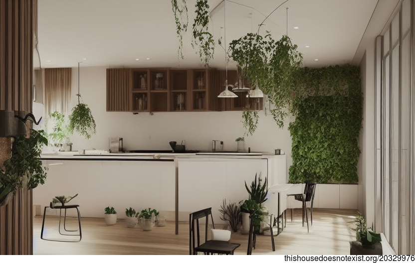 Seoul's Modern, Sustainable, and Eco-Friendly Kitchen Interior Design with Hanging Plants