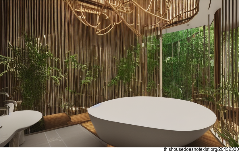 Curved Bamboo Wood and Hanging Plants in Bangkok