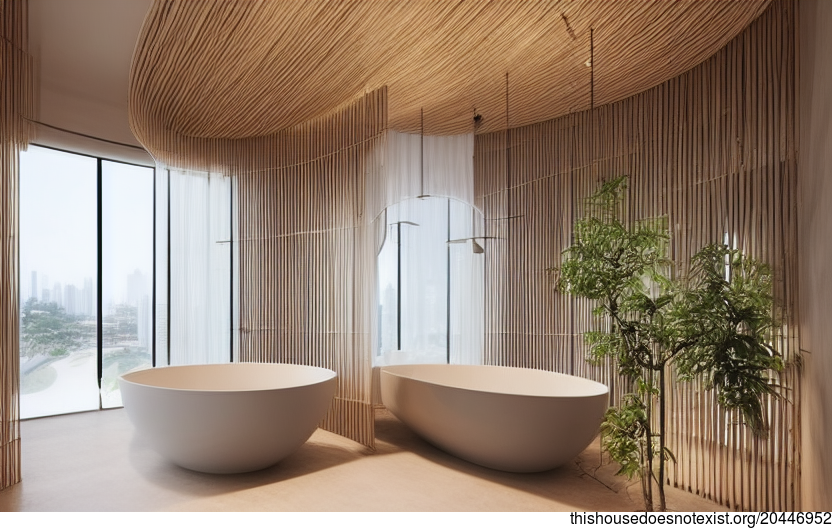 A Modern, Curved Bamboo Wood Interior with Hanging Plants in Bangkok, Thailand