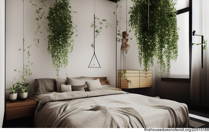 A Modern Bedroom Interior with Hanging Plants in Tokyo, Japan