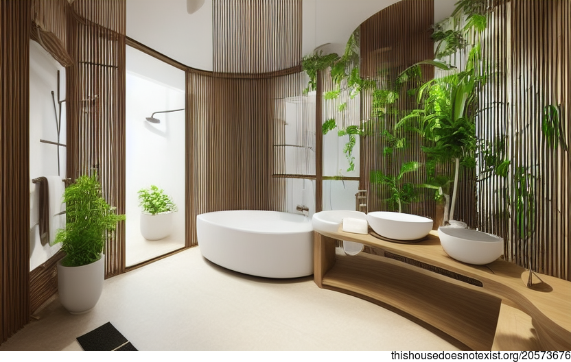 an eco-friendly and modern approach to bathroom interior design, using curved bamboo wood, hanging plants, and trees