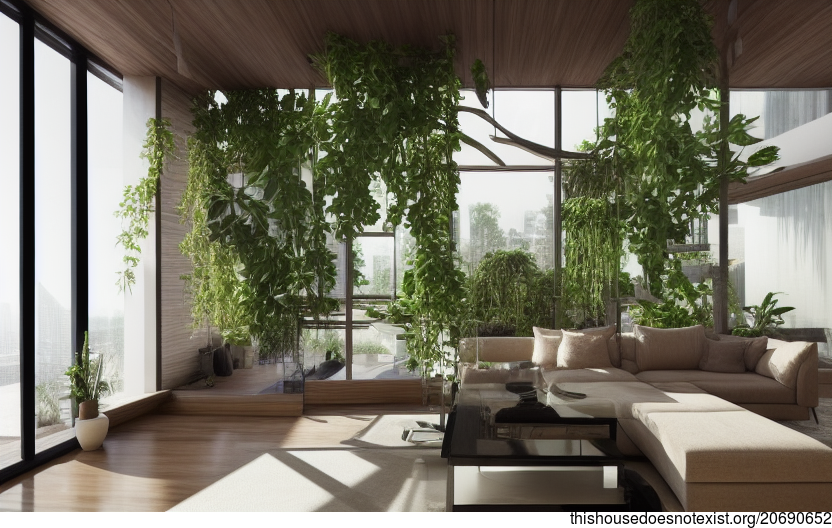 Interior of a Modern, Sustainable Home in Shanghai, China with Bejuca Vines and Hanging Plants