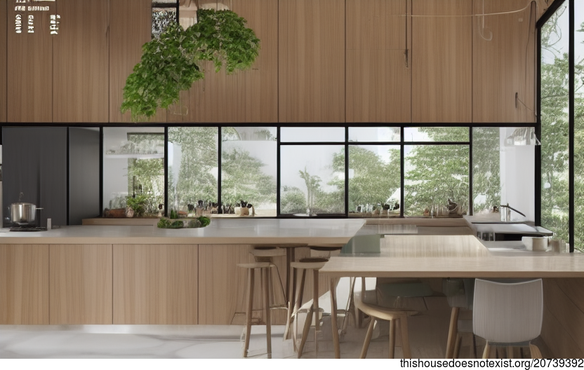 A modern and sustainable kitchen design from Pinterest, featuring polished wood, exposed glass, and hanging plants