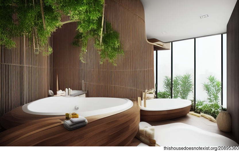 an eco-friendly and modern approach to bathroom interior design, featuring curved bamboo wood and hanging plants