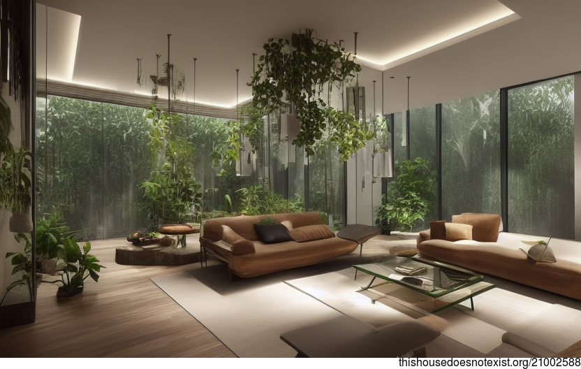 A modern, sustainable, and eco-friendly design from Pinterest, featuring polished wood, exposed glass, and meandering vines with hanging plants