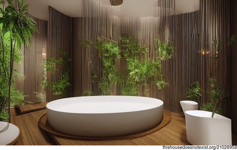 A Bangkok bathroom with a modern, sustainable design, featuring curved bamboo wood and hanging plants