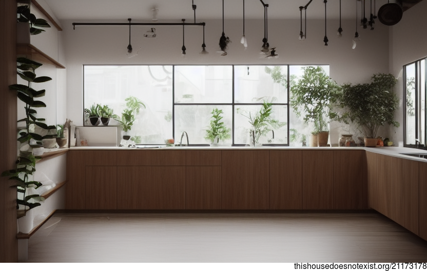 A modern and sustainable kitchen interior in Bejuca, South Korea with meandering hanging plants
