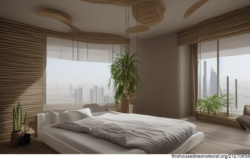 A modern, minimalistic and exposed bedroom interior with a view of Riyadh, Saudi Arabia in the background