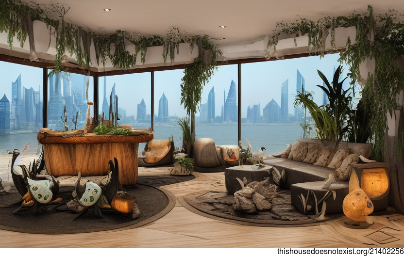 Interior Design of a Modern Beach House in Shanghai, China with Hanging Plants and a View of the City