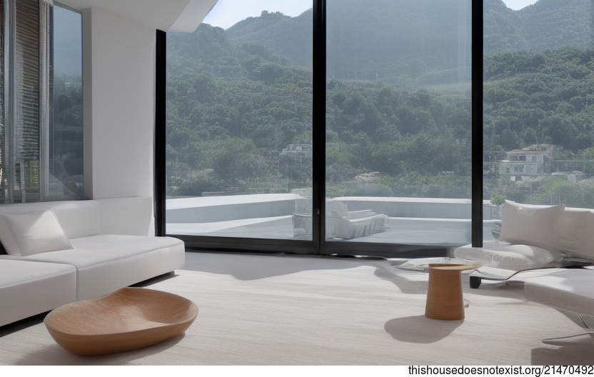 A Modern, Minimalist Living Room With an Infinity Pool and a View of the Sunset