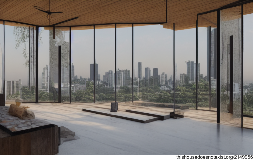 A Modern Architecture Home in Jakarta, Indonesia with an Exposed Wood and Glass Interior and a View of the Sunrise Downtown