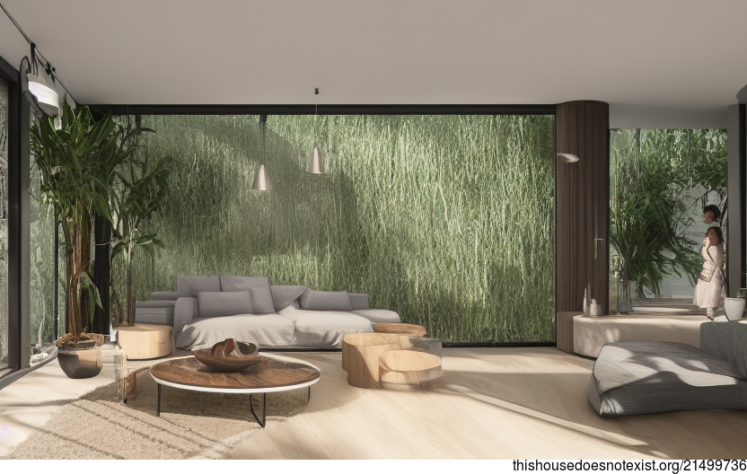A round, polished bamboo living room with hanging plants and a view of the city