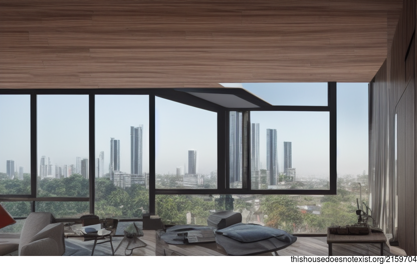 A modern architecture home in Jakarta, Indonesia with an exposed wood and glass interior and views of the sunrise downtown
