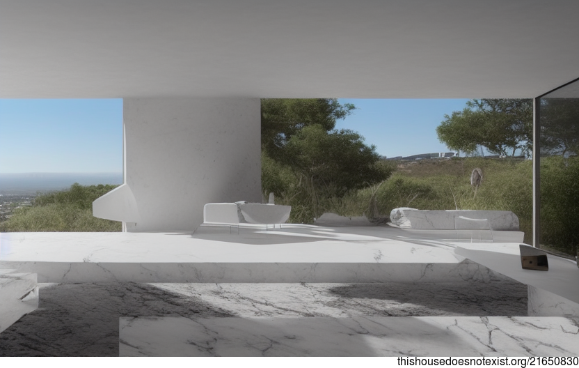 A Modern, Minimalist Home with an Exposed Rectangular White Marble Pool and Polished Bejuca Vines
