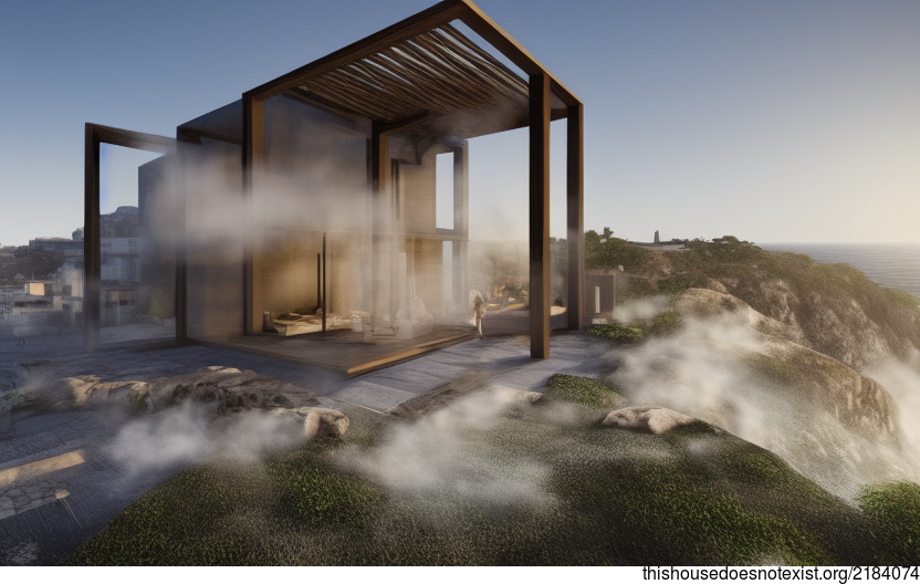 A modern architecture home designed with exposed timber, glass, and rocks, with steaming hot springs outside