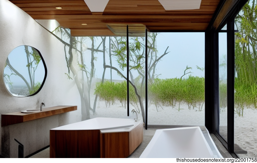 A Modern, Eco-Friendly Bathroom Interior With A View Of The Beach Sunset In Brussels, Belgium