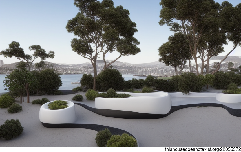 A modern designed garden in San Francisco with a view of the beach