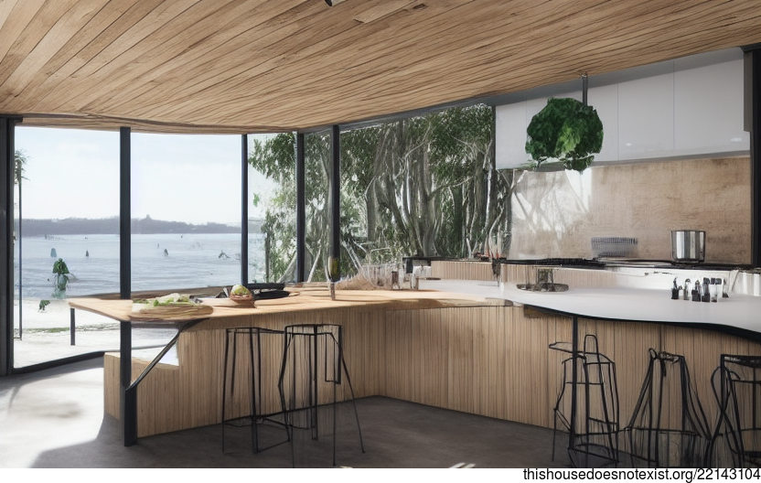 Eco-Friendly Kitchen Interior With A View of the Beach Sunset in Sydney, Australia