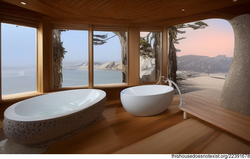 Traditional bathroom interior with the beach sunrise view in the background