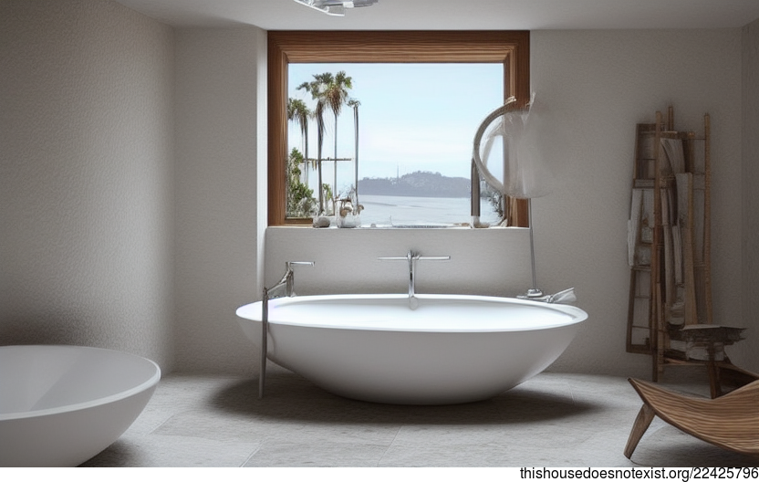 San Francisco Sunrise Beach View Traditional Bathroom Interior with Exposed Curved Bejuca Wood, Round White Marble Rocks and Onsen Outside