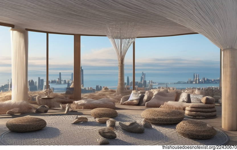A Modern Architecture Interior Design with an Exposed Circular Bamboo Rug, Round Stone and Polished Glass, with a View of New York City in the Background
