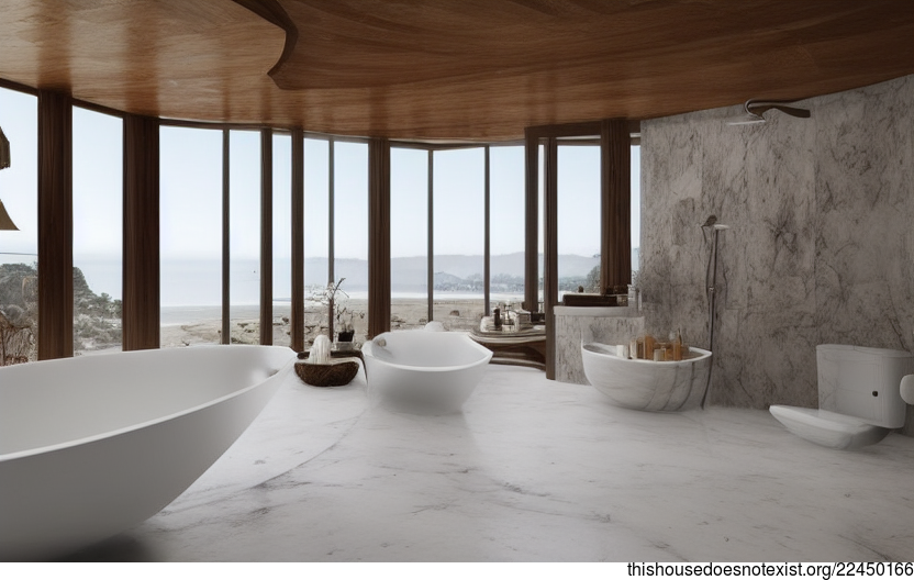 San Francisco Sunrise Beach Bathroom Interior Design – Traditional bathroom interior with a view of the beach and sunrise in the background