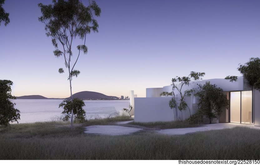 Eco-friendly minimalist house with view of the beach at night in Melbourne, Australia