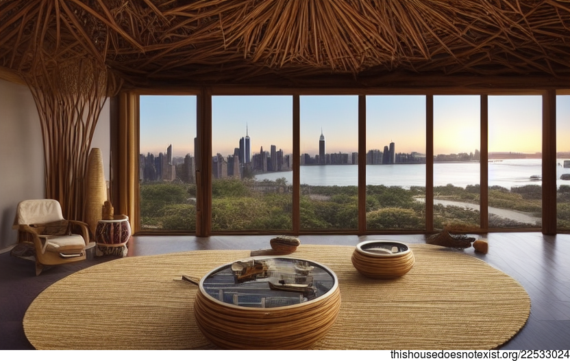 New York City Modern Architecture Home Interior Design with Exposed Circular Bamboo, Round Stone, and Polished Glass